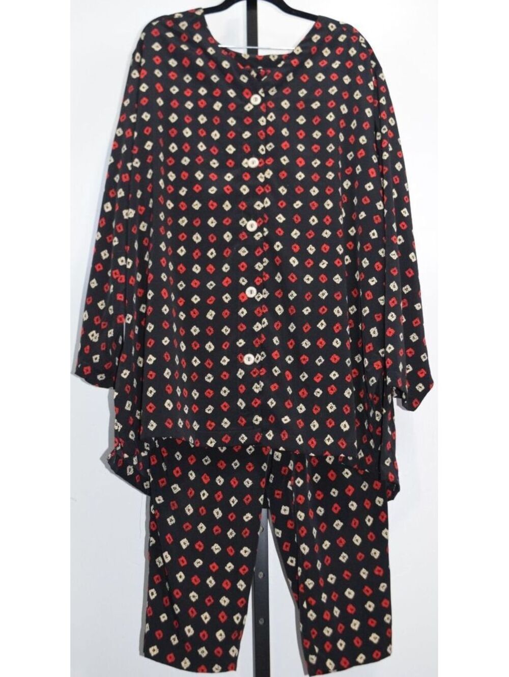 Koret Vintage Two Piece Pajama Set Black Red Print Plus Size 22W Top and Pants